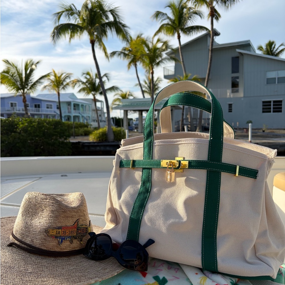 Canvas Tote Bag with Green Trim and Gold Hardware